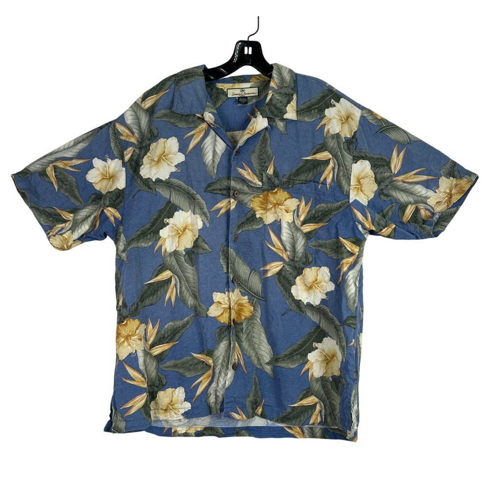 Tommy Bahama Silk Tropical Camp Shirt Mens Large Blue‎ Floral Island Resort